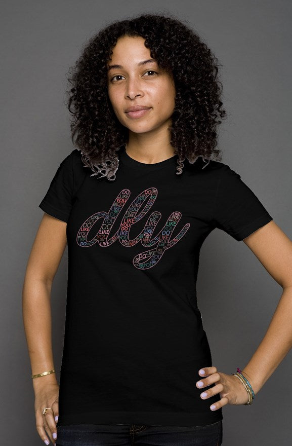 womens black tee - dly typo red